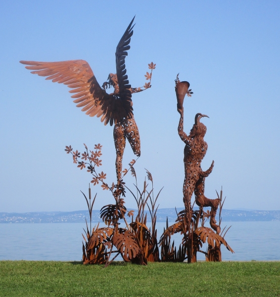 Pan and Syrinx garden sculpture rusty iron